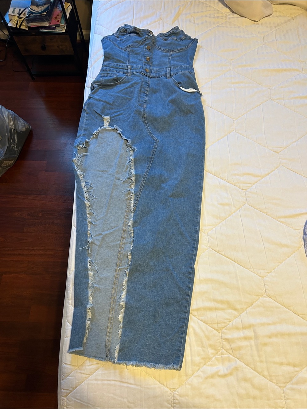 SHEIN Blue Strapless Distressed Denim Maxi Dress